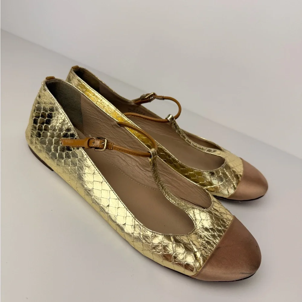 J.Crew Metallic Gold Snakeskin‎ Leather Flats Tan Cap Toe T Strap Sz 7